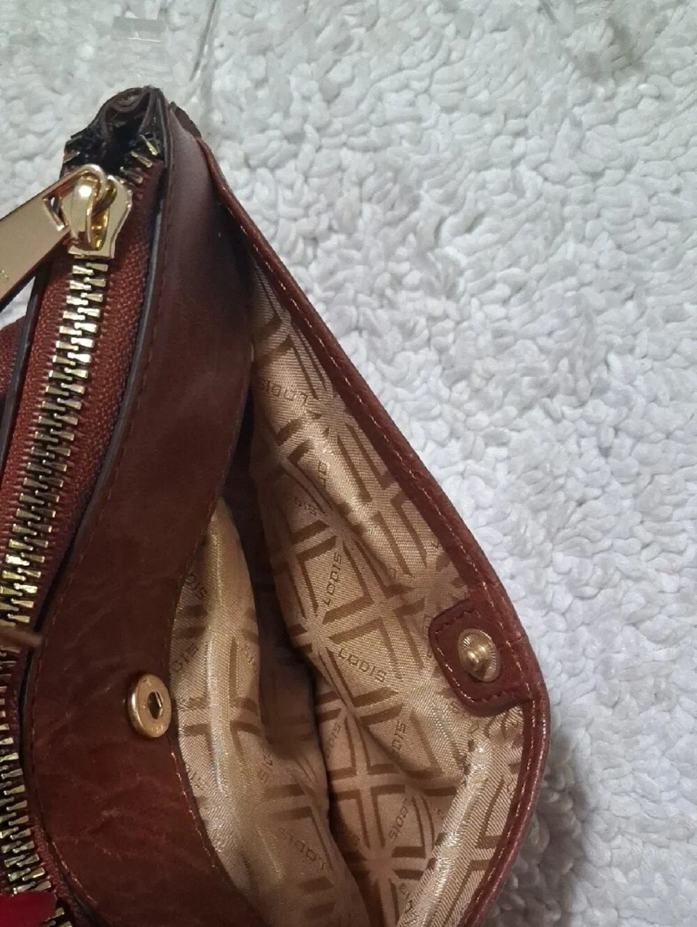 Lodis Leather Double Zip Pouch in Brown with Gold Hardware